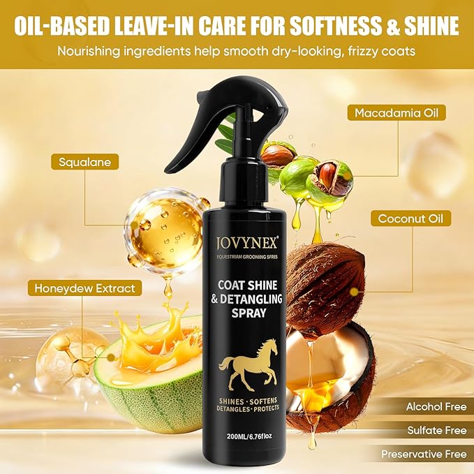Dog Detangler Spray for Dogs & Horses, 6.76 Oz Mane and Tail Leave-in Conditioner for Long Coats, Helps Loosen Knots, Tangles & Mats, Smooths Frizz, Adds Shine, Fruit Scent
