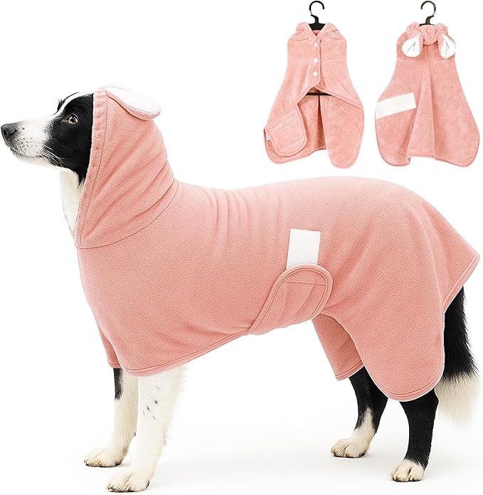 Pet Bathrobe Towel Dog Cat Drying Coat Super Absorbent Cute Dogs Bath Towel Hooded Robe Adjustable Collar & Belly Strap for XSmall to XLarge Pets (Coralpink, Large)