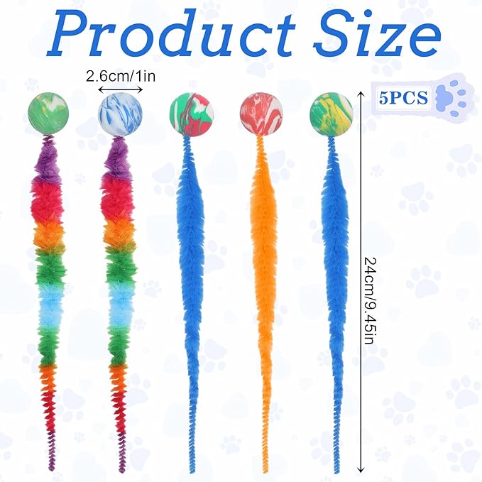 Skrfren 5 pcs Interactive Cat Worm Toys Balls, Bouncy Balls for Cats Colorful Bouncy Ball with Fuzzy Tails Rainbow Worm Cat Toy for Cats Pet Party Favors, Promotes Active Play