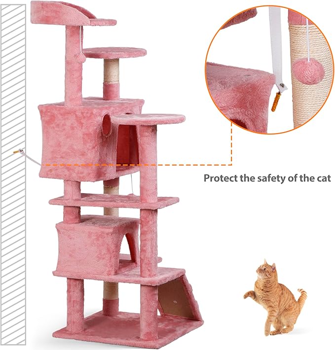 52” Multi-Level Cat Tree Condo Furniture Kitten Activity Play House Bed Pet Kitty Climbing Tower with Scratching Posts/Plush Perch/Scratcher Ladder/Tunnel for Cats,Kittens,Pets (Pink)
