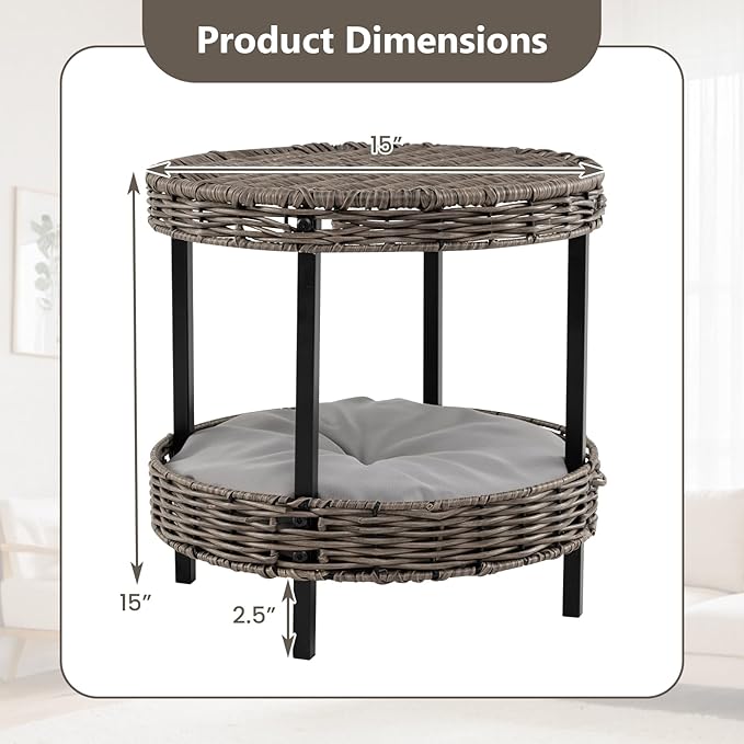 PETSITE Modern Wicker Cat Nest, 2-Tier Rattan Cat House w/Removable Padded Cushion, Round Platforms, Metal Frame, Indoor & Outdoor Raised Pet Shelter for Living Room, Bedroom, Porch