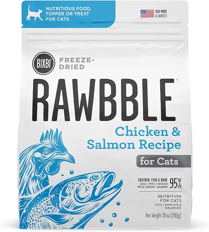 BIXBI Rawbble Freeze Dried Cat Food, Chicken & Salmon Recipe, 10 oz - 95% Meat and Organs, No Fillers - Pantry-Friendly Raw Cat Food for Meal, Treat or Food Topper - USA Made in Small Batches