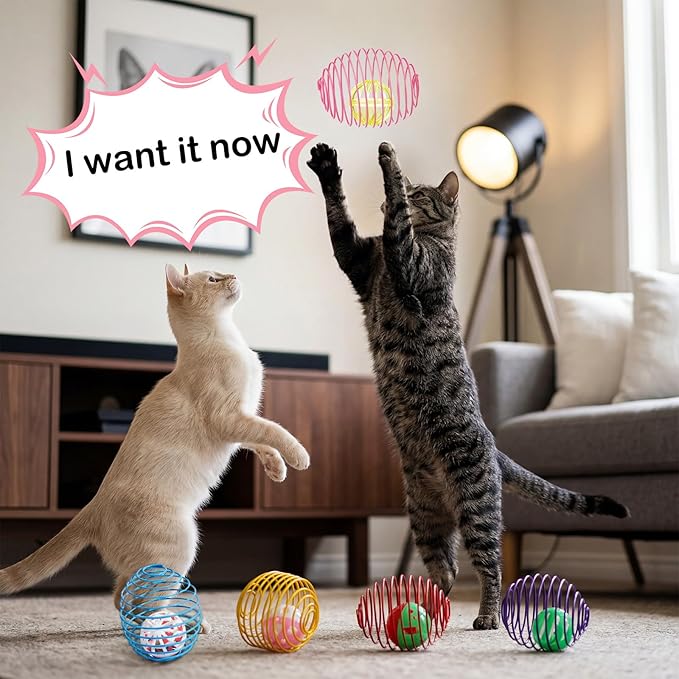 Jecery 5 Pcs Cat Spring Toys Stretchable Rolling Balls Colorful Playful Coils Interactive Action Toy Caged Rats for Kitten Pet Supplies (Bell Ball,Multicolor)