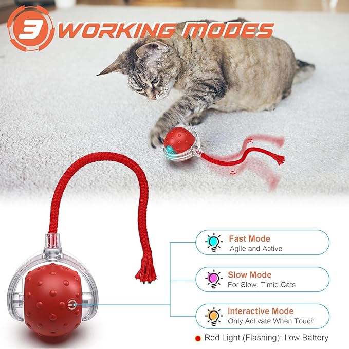 Interactive Cat Ball Toy with 3 Working Modes, Automatic 5-Minute Timer, Stimulate cat Hunting Instincts, Wand Teaser for Cats, Rechargeable, Suitable for All Floor (Red)