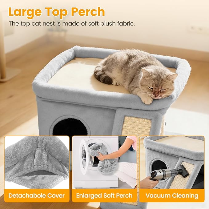 Cat Tree, Compact Cat Tree for Small Spaces, Heavy Duty Cat Tower for Large Cats,Small Cat Tower with Cat Scratching Post & Bed, Cat Condo Climbing Furniture for Indoor Cats (Light Grey)