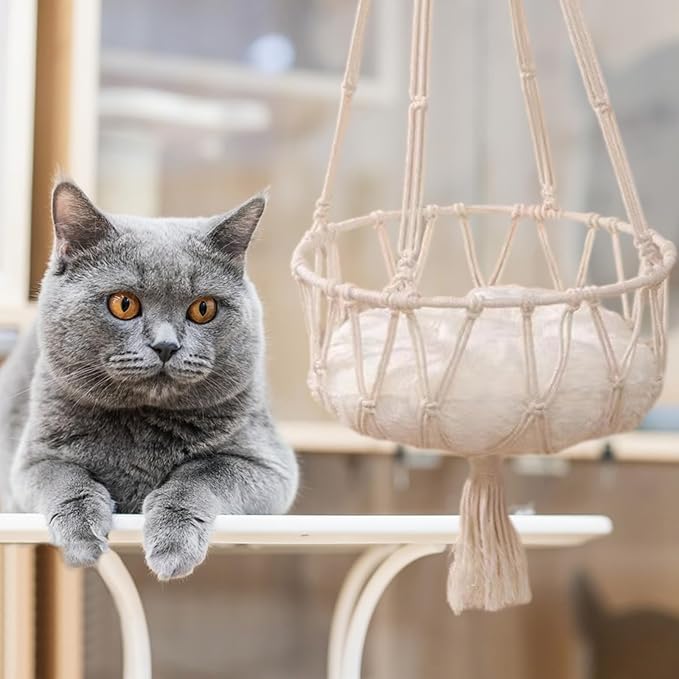 Cat Hammock, Space Saving Hanging Cat Bed Hammock Cat Swing for Indoor Cats, Boho Cat Swing Bed for Sleeping, Playing, Climbing, Lounging