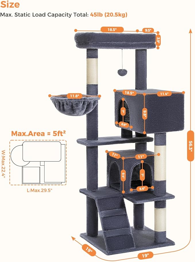 MUTTROS Cat Tree for Large Cats Adult with Super Large Top Perch, 56.3" Tower with Plush Hammock, Shelves and Dangling Pompom, Scratching Posts and 2 Condos House, Dark Gray