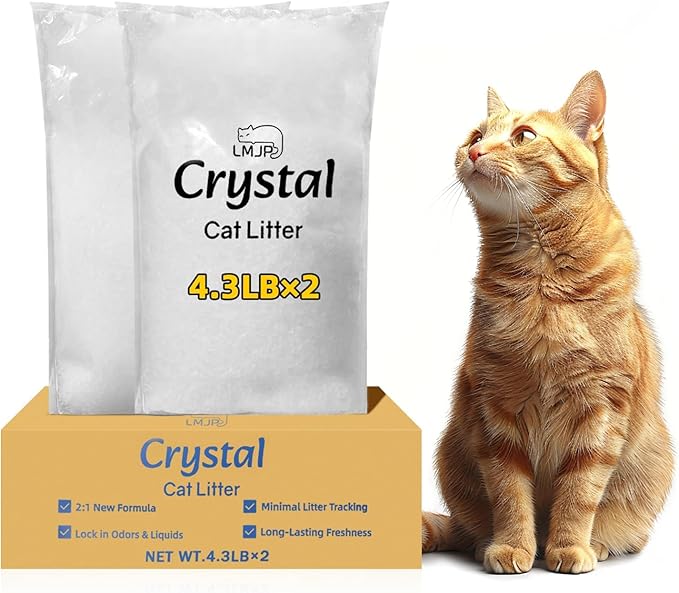 LMJP Crystal Cat Litter with Powerful Odor Control, Non-Clumping, Lasts Up to 2 Months, 8.6lb, Rapid Water Absorption, Unscented & Low Tracking Lightweight White Silica, 2 Pack of 4.3lb