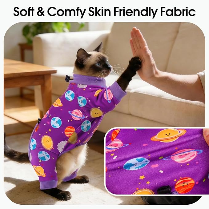 DENTRUN Cat Clothes for Hair Control with Hair Sticky Fabric - Soft Recovery Suit & Breathable Lint-Resistant Cat Sweater for Cats Only, Kitten Onesie Pajamas, XS, Purple