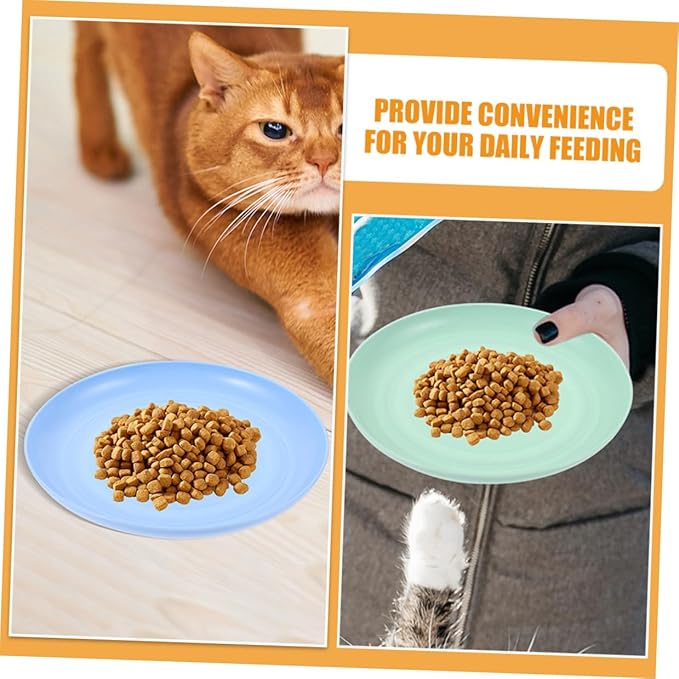 KALLORY 4pcs Shallow Cat Food Bowls Set, Cute Small Pet Plates for Indoor Cats and Kittens, 20cm Wide Flat Dish with Beige, Blue, Pink, and Teal Colors for Feeding and Watering