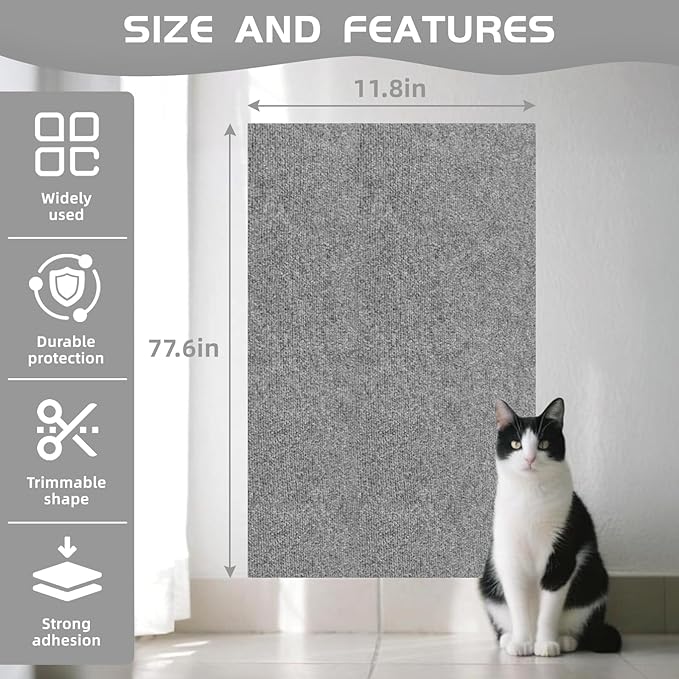 Cat Scratch Furniture Protector, Trimmable Self-Adhesive Cat Scratch Pad, 78.7"x11.8" Carpet Cover for Couch, Sofa, Walls, Furniture Cat Scratcher Board, Anti Scratch Pad for Cat Claws (Gray)