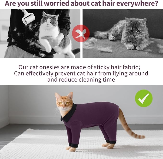 T'CHAQUE Sticky Hair Cat Clothes, Professional Recovery Suit for Cats, Anti-Shedding Shirt Outfit, Soft Pajamas for Kittens, Post-Surgery Onesie for Male & Female Cats, Fuchsia,Small