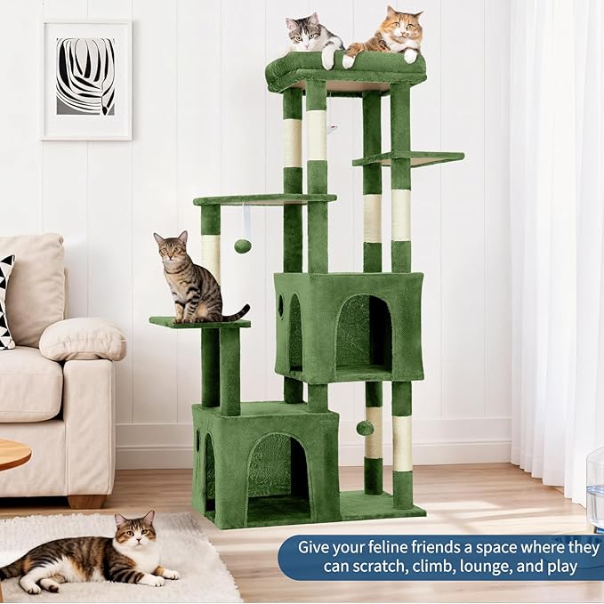 61.4 Inch Cat Tree, Large Cat Tower with Sisal Scratching Posts, 2 Spacious Cat Beds, Hanging Ball & Top Perch, Ideal for Large Indoor Adult Cats, Green