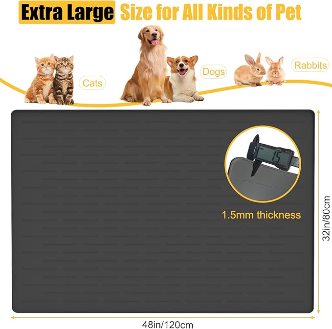 1.5MM Super Thick Dog Food Mat, 48"x32" Silicone Dog and Cat Mats for Food and Water Bowls, Waterproof Pet Feeding Mat for Contain Spills Protects Floors, Multiple Colors & Sizes for Pets, Beige