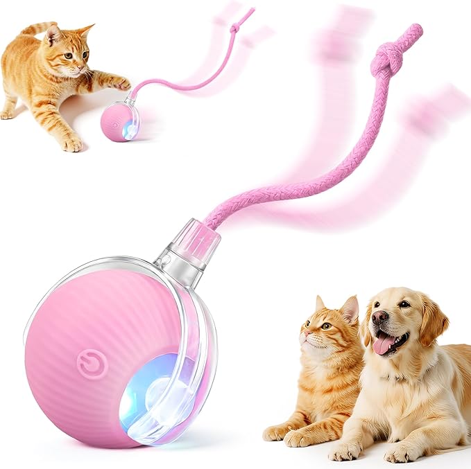 Smart Interactive Automatic Electric Rolling Moving Rechargeable Motion Activated Self Solo Play Electronic Stimulation Chase Teaser Ball Toy with Rope for Indoor Bored Adult Cat and Dog, Pink