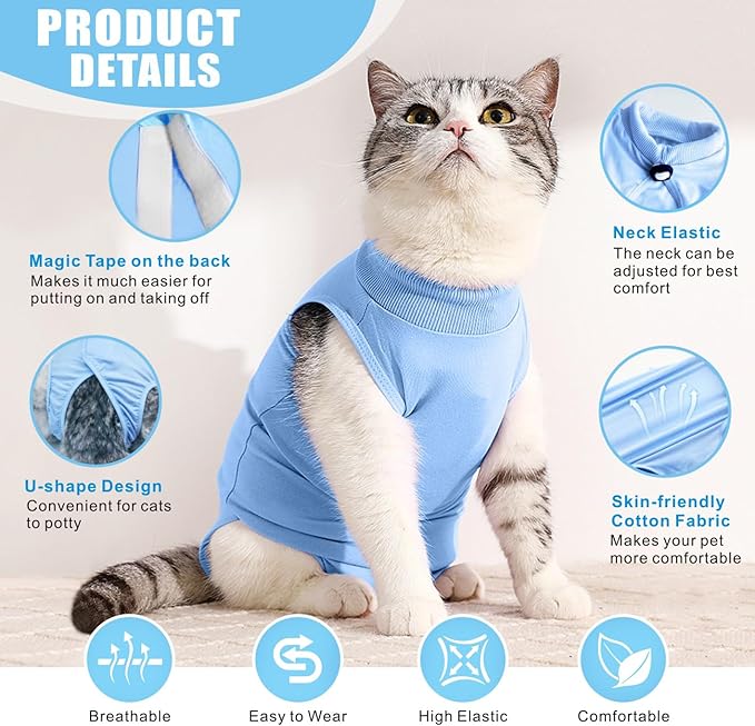 Idepet Cat Surgery Recovery Suit Kitten Onesie for Cats After Surgery Female Breathable Kitty Spay Suit for Abdominal Wound Skin Diseases E-Collar Alternative Wear(Blue,L)