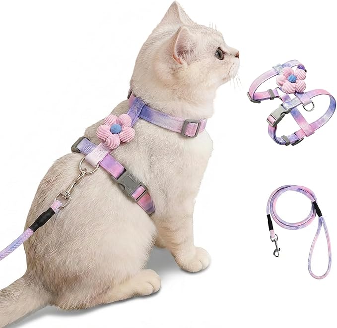 Tensho Cat Harness and Leash Set – Escape Proof Adjustable Cat Harness with Flowers, Comfortable Soft, Lightweight Safe, Easy to Wear Walking & Travel Harness(Purple S)