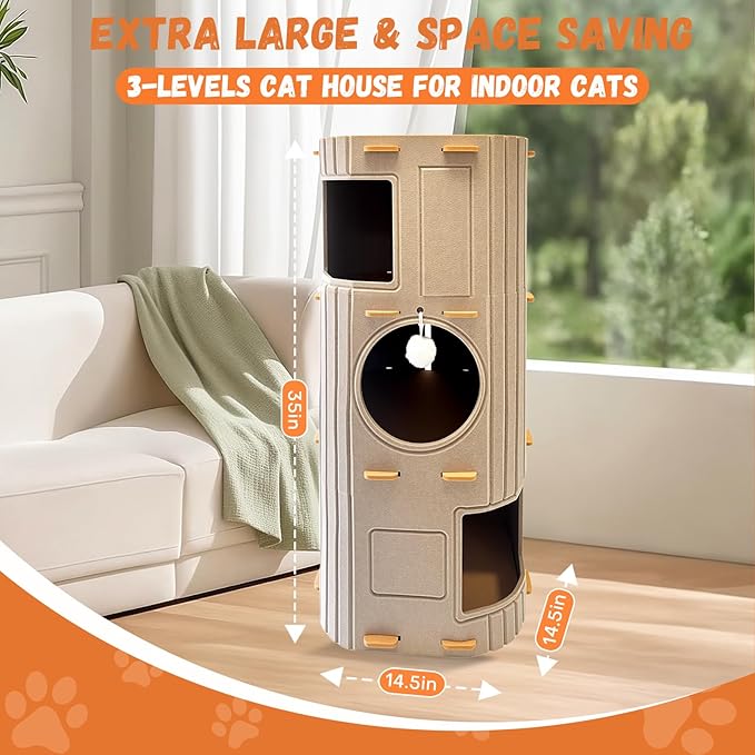 Homegroove Cat House for Indoor Cats, 3-Storey Cozy Felt Cat Bed Cave with Tunnel Hideaway, Large Multi-Cat Condo for Rest & Play (Camel, X Large)