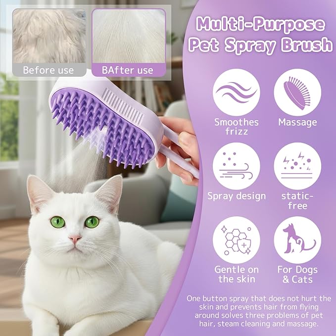Cats Steam Brush for Cats,4-in-1,Rechargeable Grooming Tool for Cats & Dogs, Anti-Static Design, Delivers Massage, Deep Cleansing, Shedding Control & Styling,Includes Pet Finger Toothbrush(Purple)