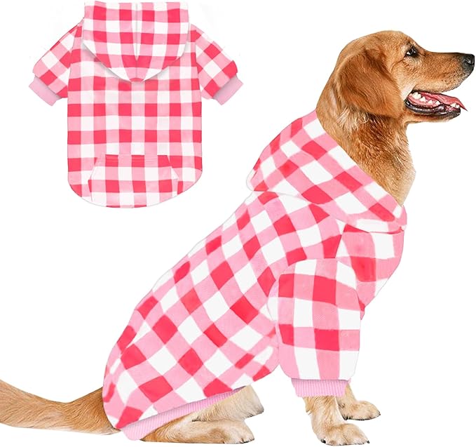 Plaid Dog Sweaters Hoodies Sweatshirts for Dogs Cats, Warm and Soft Cold Weater Coats for Christmas (Pink, Large/X-Large)
