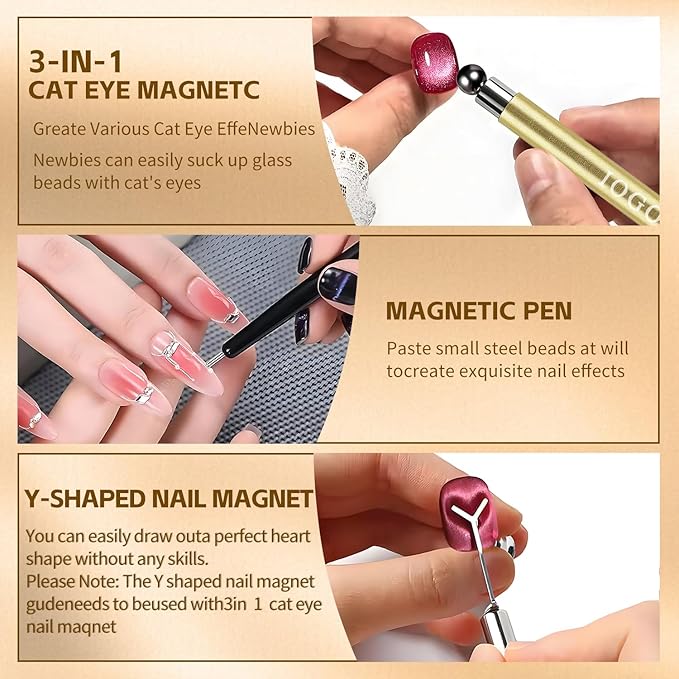 4Pcs Cat Eye Magnet Set – 2 Powerful Double-Ended Nail Magnet Pens & 2 Heart Nail Magnets for Nail Art, Create French, Floral & Heart Effects, Magnet for Cat Eye Gel Nail Polish, Home DIY