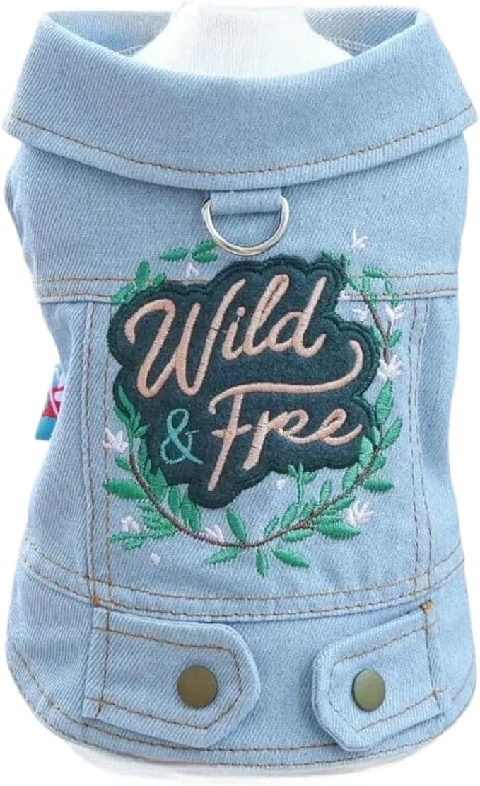 Cute Dog Denim Jacket, “Wild & Free” Embroidered Puppy Vest, Stylish Jean Outfit for Small Dogs & Cats, Soft Breathable Pet Clothes for Outdoor & Everyday Wear(L)