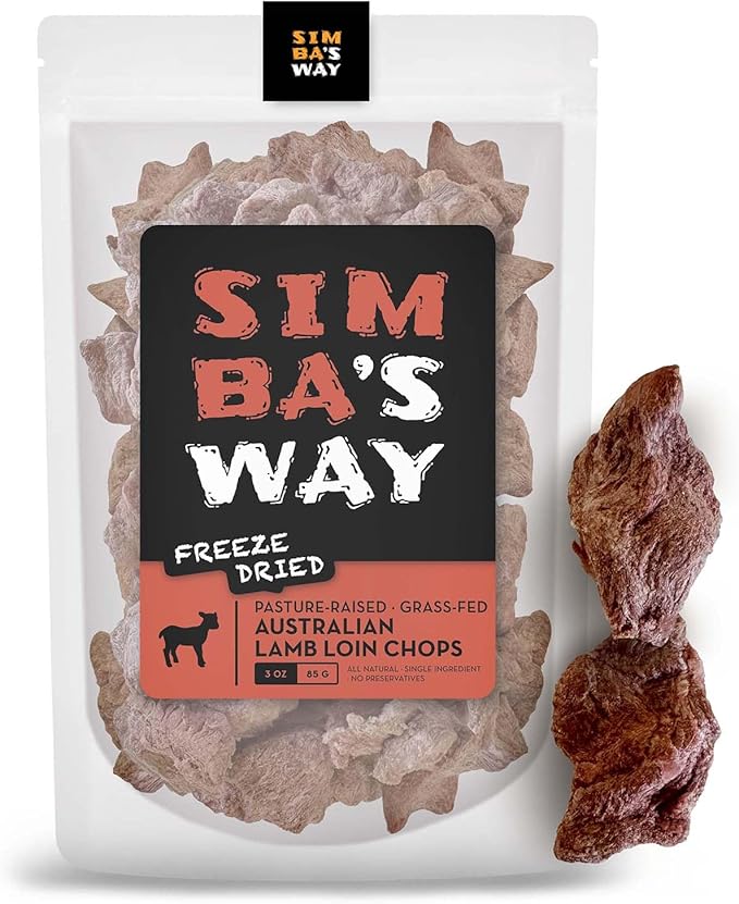 SIMBA'S WAY -Freeze Dried- RAW Australian Lamb LOIN CHOPS Dog and Cat Treats, Pasture-Raised, Grass-Fed, Human Grade, Single Ingredient, All Natural, Grain-Free, Made in The USA. [3 .oz] [1 PK]