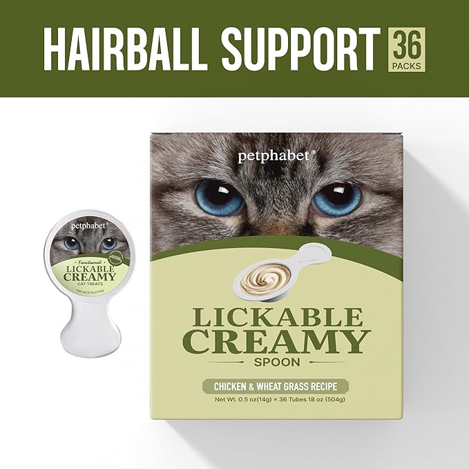 Petphabet Lickable Cat Treats Spoon, 36 Count Creamy Puree Kitten Treats Chicken & Wheat Grass Recipe, Functional Wet Paste Cat Snacks for Hairball Control, Grain-Free Kitty Treat with Vitamin Taurine