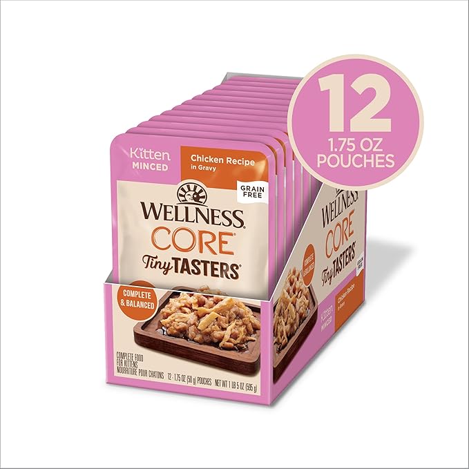 Wellness CORE Tiny Tasters Minced Kitten Wet Cat Food,Natural,Protein-Rich,Grain Free,1.75-Ounce Pouch,(Chicken),(Pack of 24)