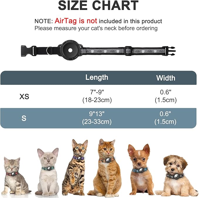 Reflective AirTag Cat Collar, Integrated Cat Tracker Collar with Air Tag Holder and Bell, Safety Elastic Band Cat GPS Collars for Girl Boy Cats, Kittens and Puppies (Black, S)