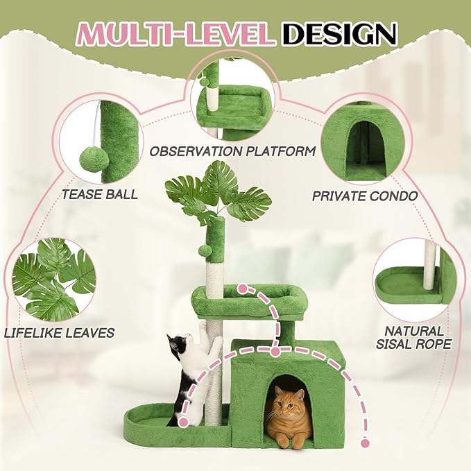 VINGLI Cat Tree, Cat Tower with Leaves, Cat Condo for Indoor Kittens, Cats Activity Center with Cozy Hammock, Sisal Scratching Posts, Green (40" H)