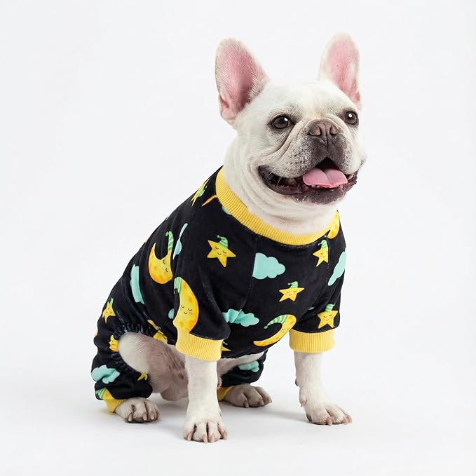 Fitwarm Moon and Stars Dog Fleece Pajamas, Cozy Winter Clothes for Small Dogs Boy Girl, Funny Pet Outfit, Black, Yellow, XXL
