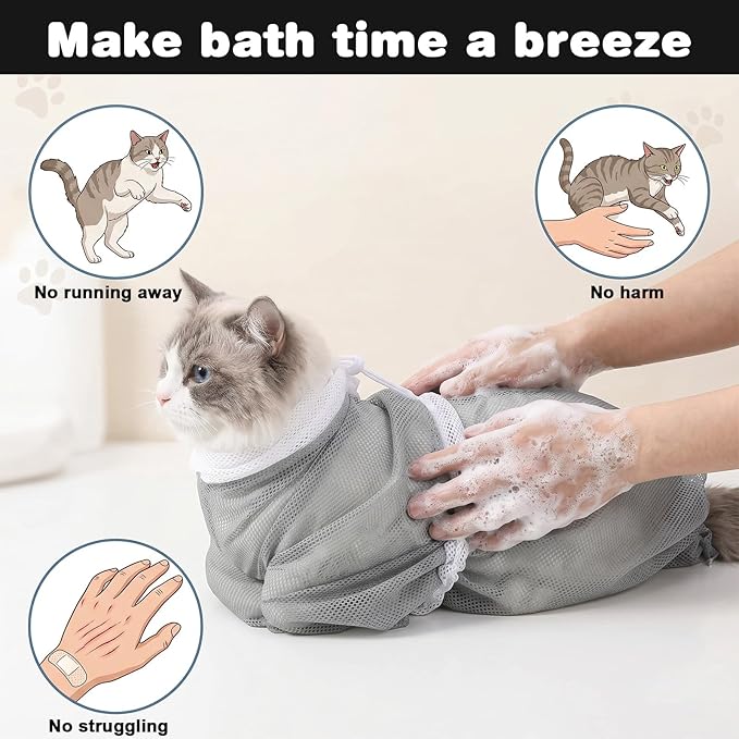 Cat Bag for Bath, Multifunctional Breathable Mesh Cat Bathing Bag, Adjustable Scratching Proof Restraint Accessories for Washing, Nail Trimming, Grooming, Vet Visits (Gray)