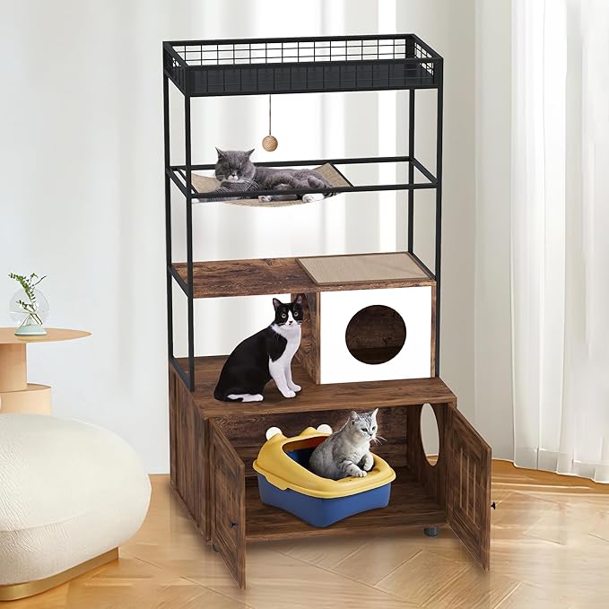 GarveeHome Cat Tree with Litter Box Enclosure, Large Wood Cats Cabinet with Storage Shelf, Condo, Hammock and Play Ball, All-in-one Corner Dog Proof Cat Bed Furniture