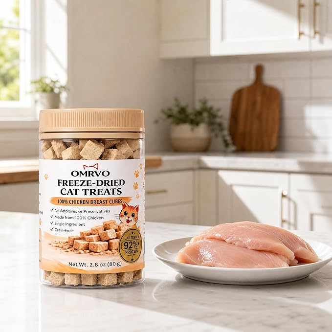 Freeze-Dried Cat Treats, 92%+ High Protein Chicken Breast Cubes, Single Ingredient Grain-Free Cat Snacks & Food Topper for Kittens & Adult Cats, 2.8 oz