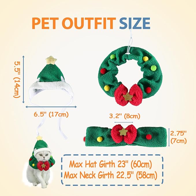 Cat Christmas Outfit 2pcs Set, Cat Santa Hat with Wreath Scarf, New Year Decoration Costume Suit for Small Dogs, Rabbits, Green