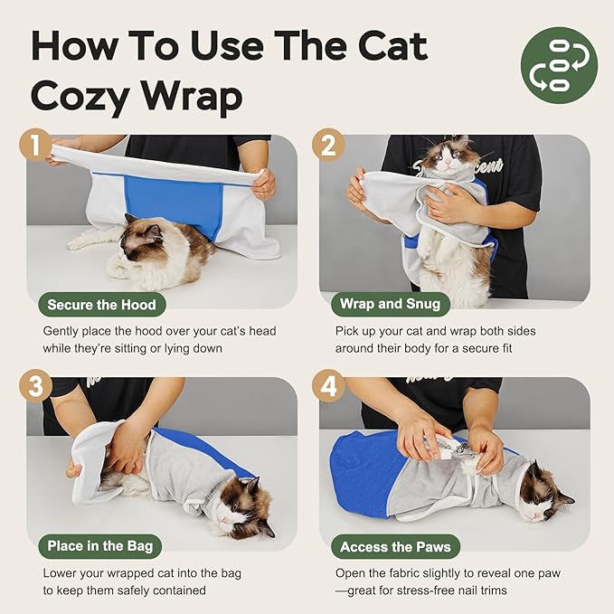 Cat Wrap for Cutting Nails, Self-Adhesive Cat Nail Clipping Restraint Bag, Anti-Scratch Cat Grooming Wrap Swaddle for Meds, SubQ Fluids, Ear Cleaning, Teeth Brushing & Vet Visits,Blue,S