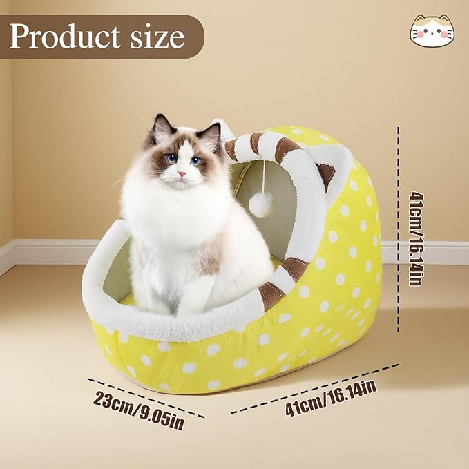 Andiker Cat Beds for Indoor Cats, Semi-Enclosed Cat Cave Bed with a Plush Ball Large Space for Cats to Sleep Soft and Comfortable Covered Cat Bed with a Washable and Detachable Mat (Yellow, L)