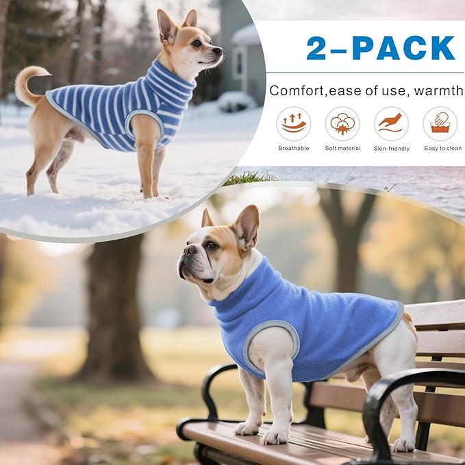 Idepet 2 Pack Striped Dog Sweater, Stretchy Dog Shirt Vest Turtleneck Pet Pullover Puppy Clothes Reflective Sweatshirt Fleece Cat Apparel (Blue Stripe + Navy, Large)