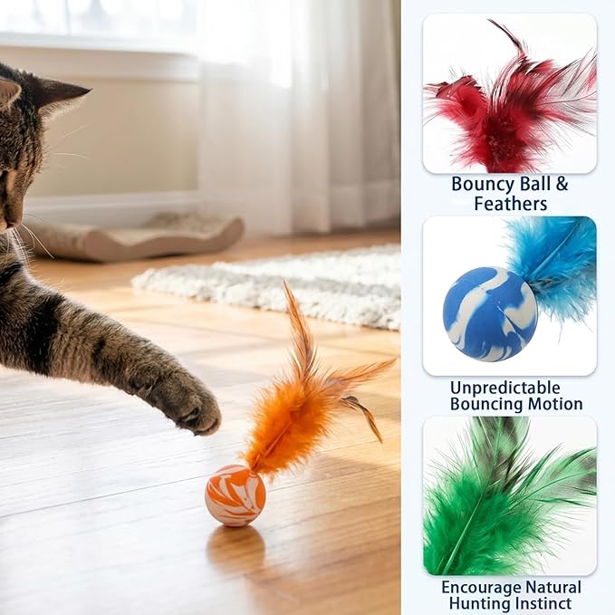 7Pcs Bouncy Balls for Cats, Cat Tools with Feathers, Feather Tool for Indoor Cats and Multi-Cat Households(Random Color)