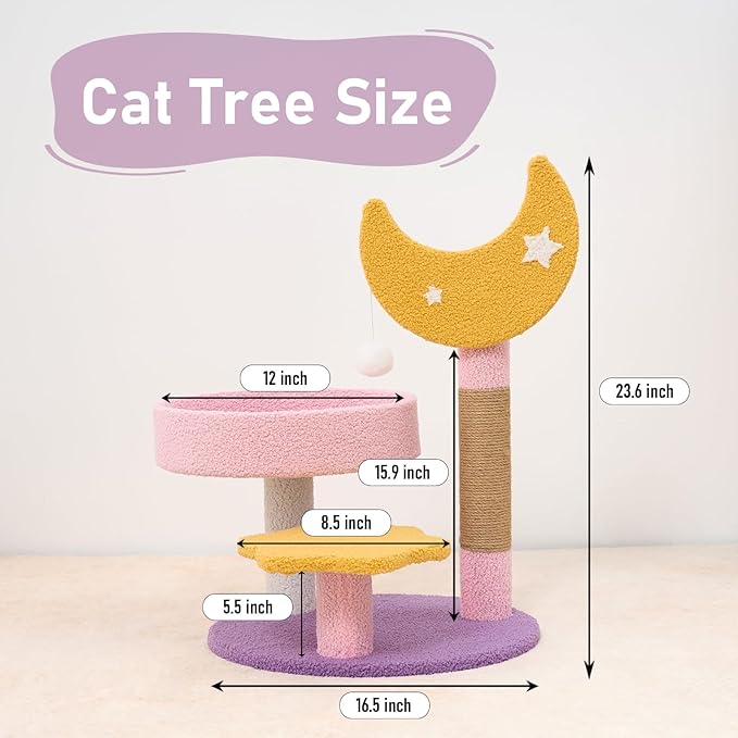 Small Cat Tree, Moon Star Cat Tree Built-in Scratching Post and Bed, 23.5 in Purple Pink Cute Kitten Tower Cozy Fluffy Kitten Condo for Indoor Activity