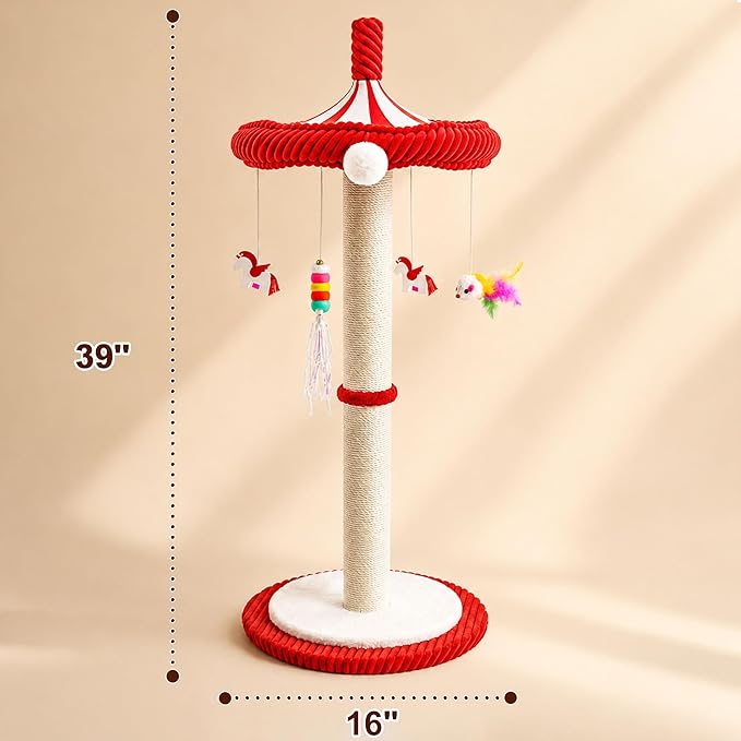 Carousel Interactive Cat Toys for Indoor Cats, 39" Tall Cat Scratching Posts for Indoor Cats Adults with Rotating Top, Cute Cat Scratch Post with Hanging Cat Toys, Large