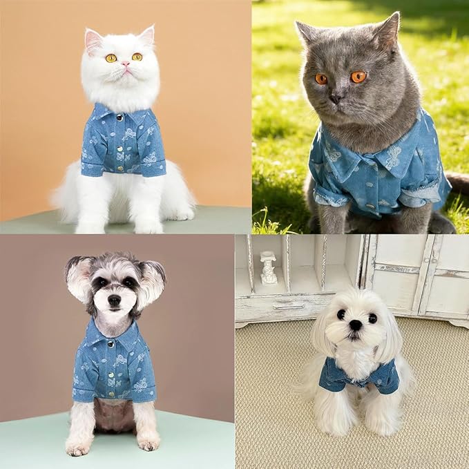 Unisex Pet Denim Shirt for Cats & Small Dogs, Soft Washed Denim, Collared Button Down with Back D-Ring, Breathable Cotton, Spring/Summer/Fall (X-Large, Shirt-Light Blue with Butterfly)
