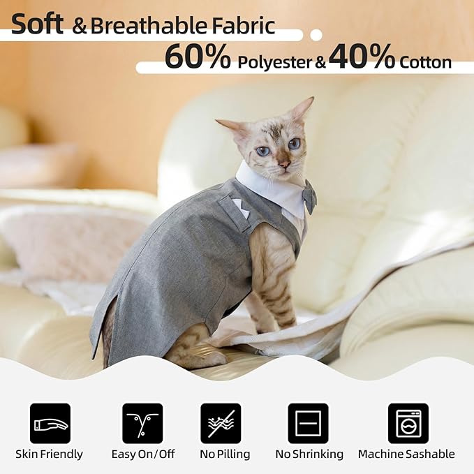 QBLEEV Cat Tuxedo Outfit, Sphynx Cat Costume for Cats Only, Formal Kitten Clothes Attire Suit with Bow Tie, Stylish Birthday Wedding Party Photo Shoots Costume for Male Female Cats, XL, Grey