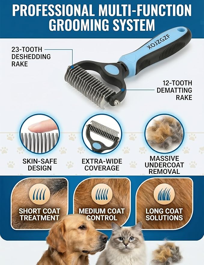 Pet Pro Grooming Tool, Dual Tooth Groom Pro for Dogs, Cat Deshedding Brush, Dog Rake Brush for Shedding, Cats Comb Undercoat Long Hair Knotter Remover, Double Teeth Coat Dual-Sided Professional Tools