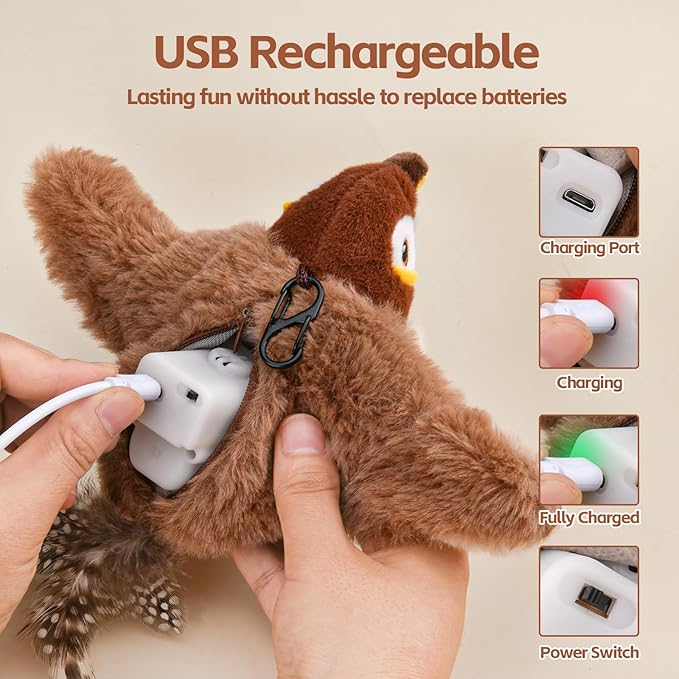 LIFLIX Flappy Bird Cat Toy for Indoor Cats, Simulated Chirping Flapping Wings Bird, Interactive Catnip Toys, Plush Kitten Exercise Toys (Brown Sparrow)