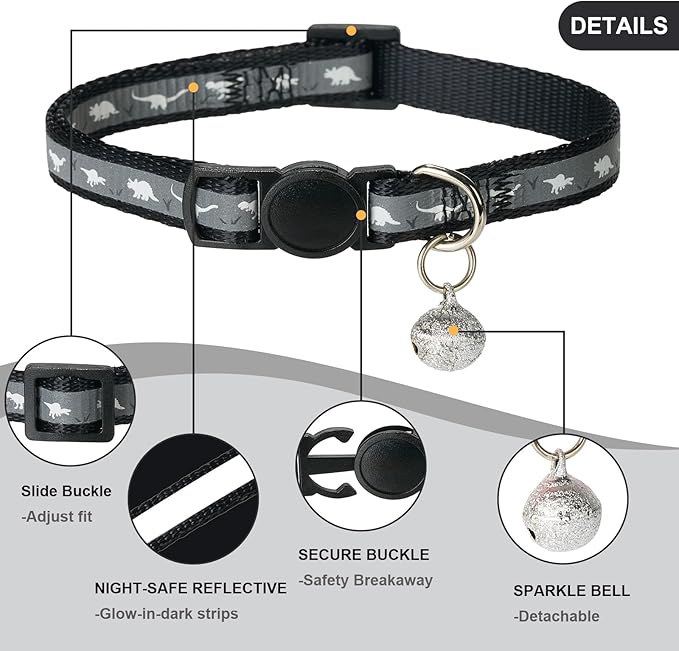Reflective Cat Collar Safety Breakaway Nylon Kitten Collars with Bell for Male Boy Girl Cats,Black