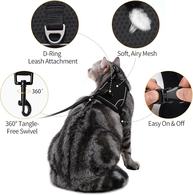 Dotoner Escape Proof Cat Harness and Leash Set Adjustable Soft Mesh Vest for Walking Safe Travel Vet Visit with Reflective Strips for Cats and Kittens(Black-L)