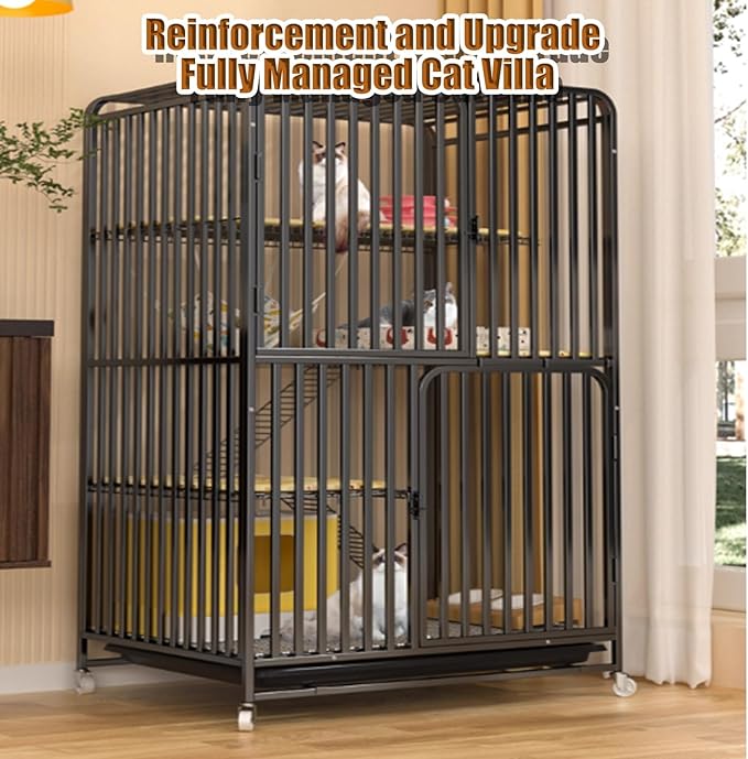Large Indoor Cat Cage on Wheels with 360° Rotating Casters, Metal Wire Pet Enclosure for Adult Cats, Portable Cat House for Easy Mobility and Comfort