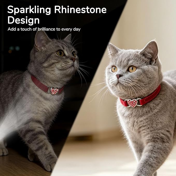 BINGPET Diamond Cat Collar,Adjustable Soft Velvet Leather Safe Kitten Collar with Crystal Heart Charm and Bells,Girl Boy Bling Stylish Cat Collars with Safety Elastic (Red, Neck Girth 8"-10"
